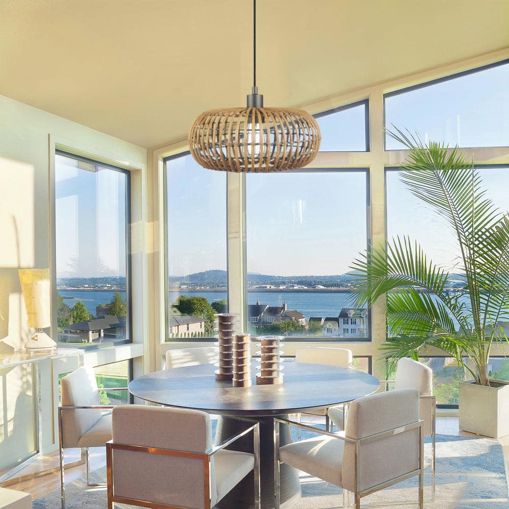 Matte Black Drum Pendant Light with Rattan Shade