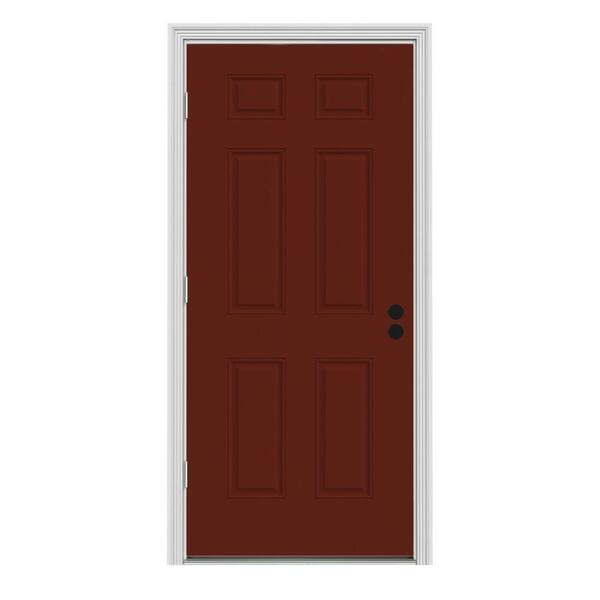 JELD-WEN 34 in. x 80 in. 6-Panel Mesa Red Painted Steel Prehung Right-Hand Outswing Front Door w/Brickmould