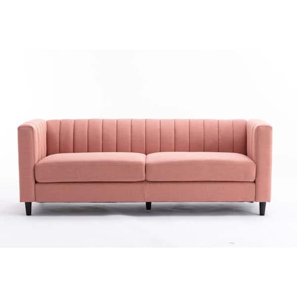 Clihome 30 in. W Square Arm Fabric Upholstery Straight Antique Wooden Frame Triple Sofa with Two Seats in Pink
