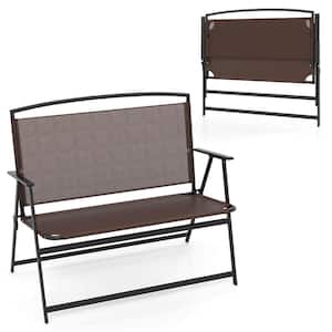 Brown Metal Folding Beach Chair with Backrest and Armrests