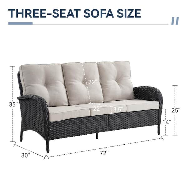 Flat armrest series 3 Seat Black Wicker Outdoor Patio Sofa Couch with Deep Seating and Bege Cushions