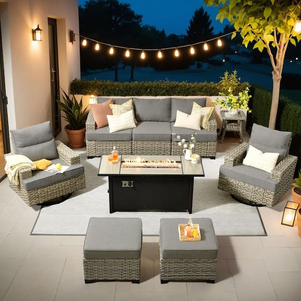 Opul 9-Piece Wicker Rectangular Fire Pit Sets and Swivel Rocking Chairs with Dark Grey Cushion