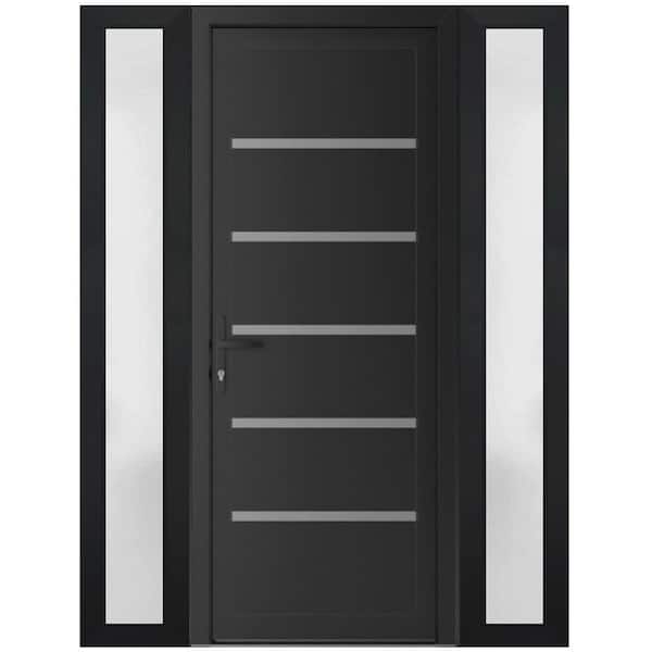 60 in. x 80 in. Right-hand/Inswing Frosted Glass Matte Black Steel Prehung Front Door with Hardware