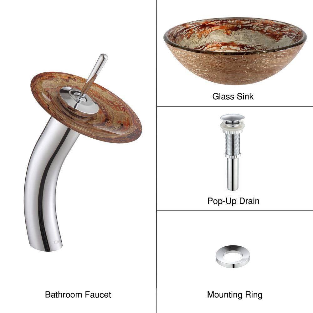 Copper and Gold Glass Round Vessel Sink with Chrome Waterfall Faucet
