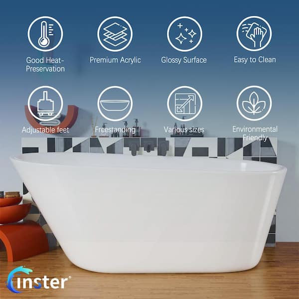 VELA 69 in. Modern Luxury Acrylic Freestanding Flatbottom Single Slipper Non-Whirlpool Soaking Bathtub in White