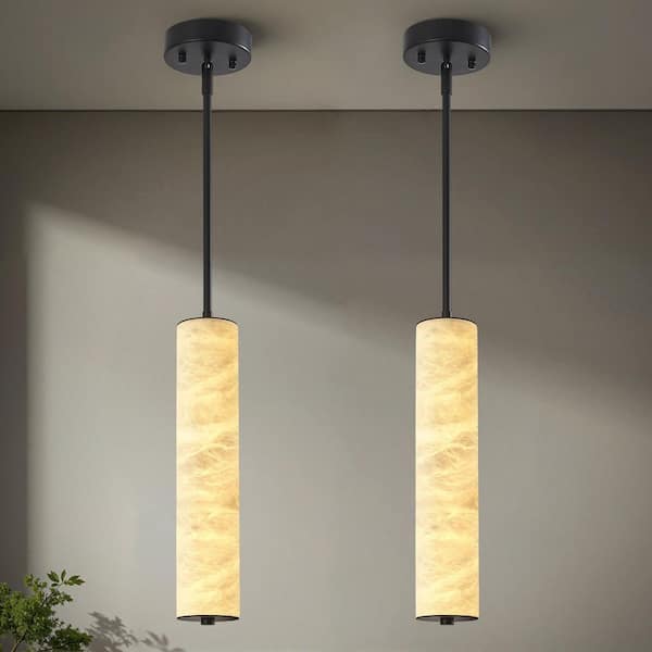Home Lighting 10-Watt 1 Light Black Modern Adjustable Alabaster Integrated LED Pendant Lights for Kitchen Island S2-Pack