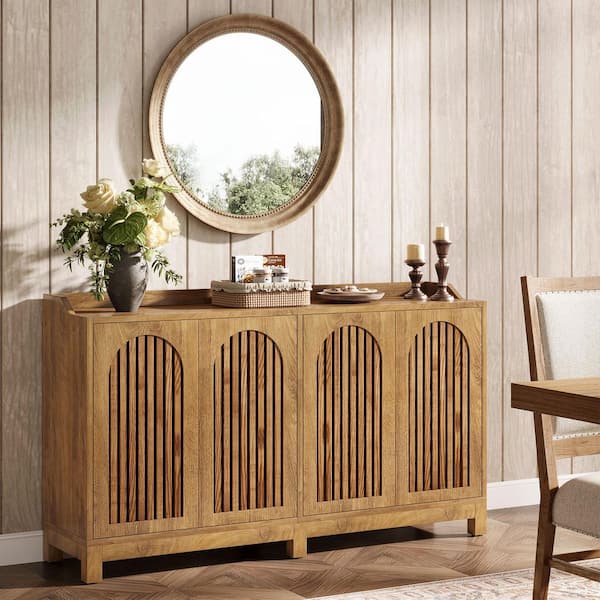 Light Brown Wood 57 in. Buffet Cabinet with Adjustable Shelves, Farmhouse Sideboard for Kitchen, Dining Room