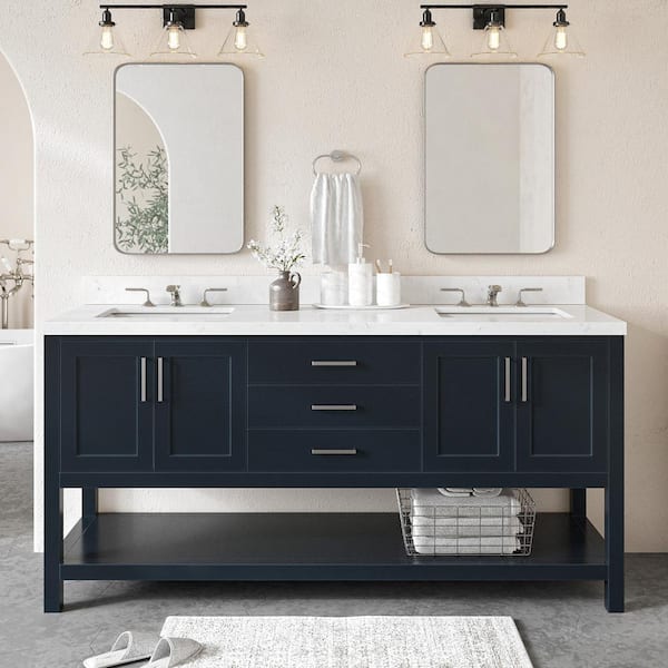 ARIEL Magnolia 72.25 in. W x 22 in. D x 36 in. H Double Freestanding Bath Vanity in Midnight Blue with Carrara Quartz Top