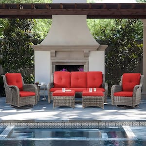 6-Piece Wicker Outdoor Patio Seating Set Sectional Sofa with Swivel Rocking Chair, Ottomans and Red Cushions
