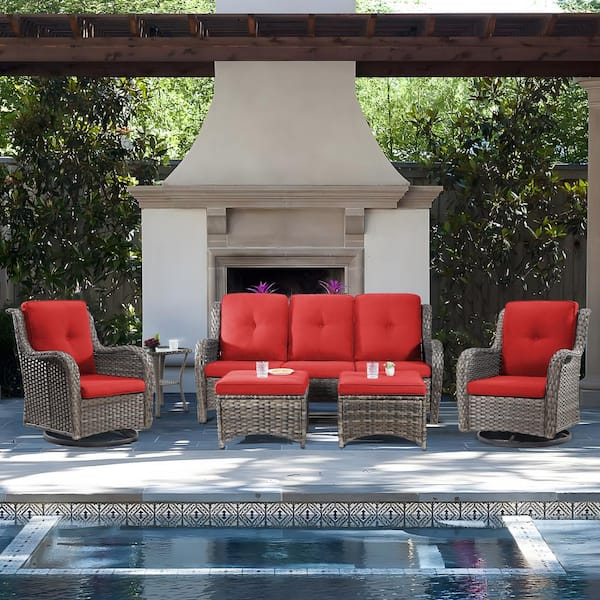 JOYSIDE 6-Piece Wicker Outdoor Patio Seating Set Sectional Sofa with Swivel Rocking Chair, Ottomans and Red Cushions