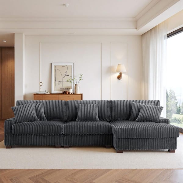 118.31 in. W Square Arm 3-piece Faux Rabbit Fur Fabric L-Shaped Right Facing Modular Sectional Sofa in. Gray