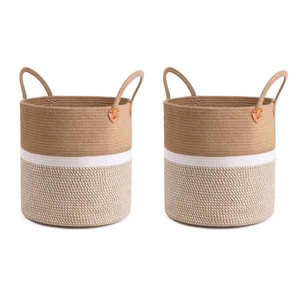 Unbranded White 16 in. x 16 in. Jute Decorative Basket Set of 2 with Handles