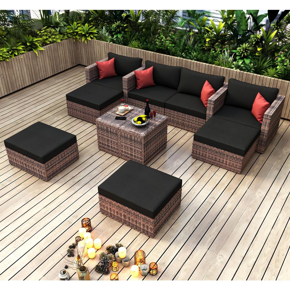 Wicker 10 Pieces Outdoor Patio Brown Sectional Set with Black Cushions and 