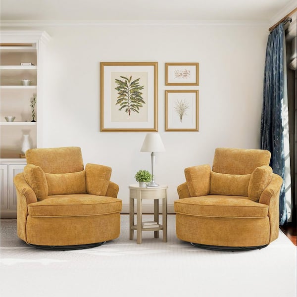 Ginger Chenille Upholstered Swivel Barrel Chair with 3 Removable Pillows Swivel Accent Chair for Living Room Set of 2