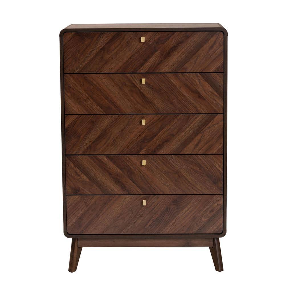 Walnut Brown Mid-Century Modern 5-Drawer Storage Chest