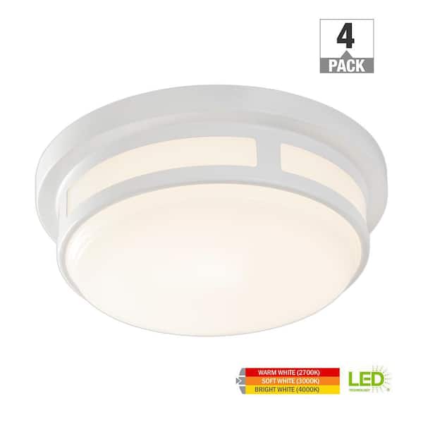 Hampton Bay 9 in. White LED Flush Mount Indoor Outdoor Ceiling Light Adjustable CCT 600LM 8.5W Wet Rated Front Side Entry (4-Pack)