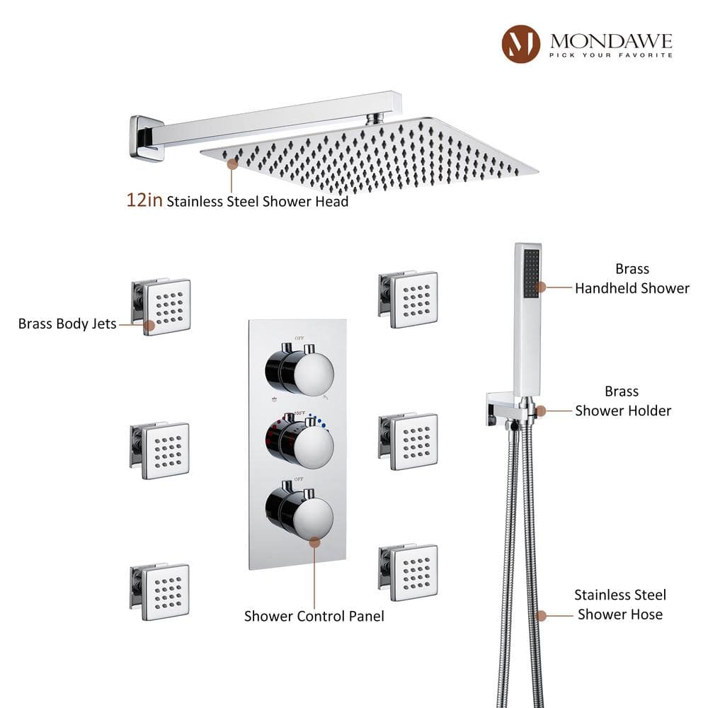 12 Inch Chrome LED Wall Mounted Rain Shower System with Handheld and Body Jets