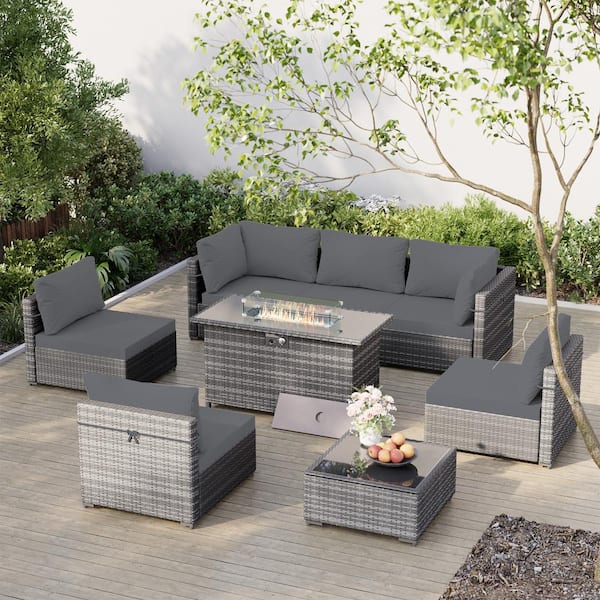 UPHA 8-Piece Outdoor Gray Wicker Patio Conversation Set with Wicker Fire Pit Table with Dark Gray Cushions