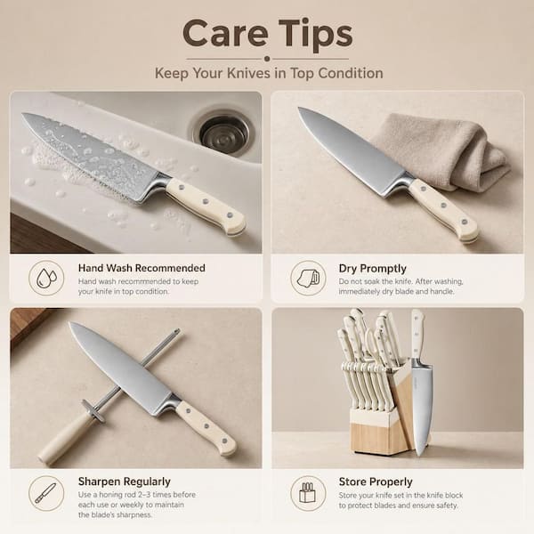 Numhew 14-Piece Cream High Carbon Stainless Steel Knife Set with