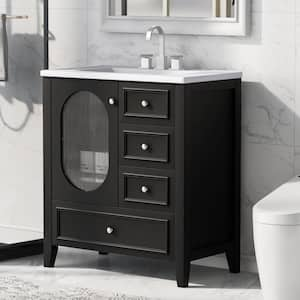 30 in. W Single Sink Freestanding Bath Vanity in Black with White Ceramic Top, 3 Drawers and Door