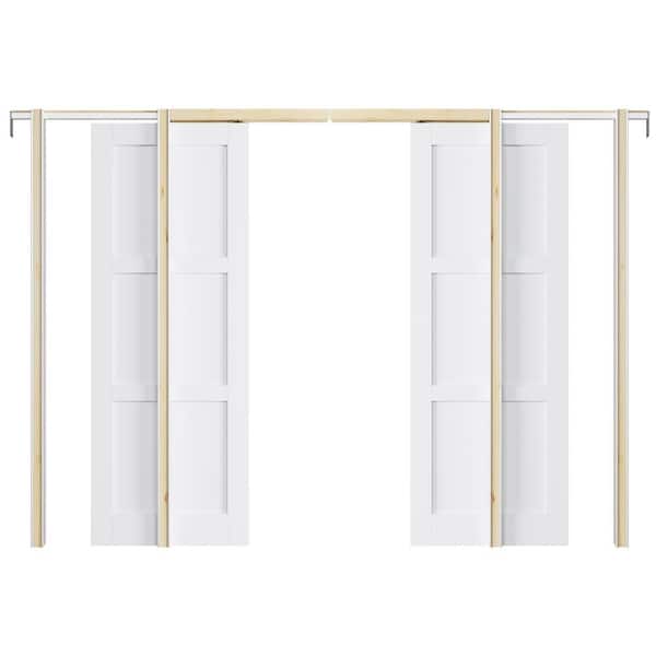 ARK DESIGN 56 in. x 80 in. White Primed 3-Lite MDF Door with Solid Core Pocket Sliding Door Frame with Hardware and Soft Close