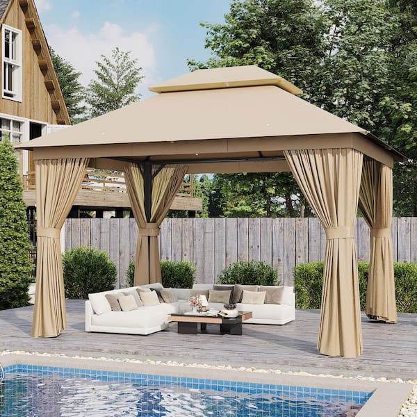 Beige Outdoor Gazebo for Patio 12 ft. x 10 ft., Metal Frame Canopy with Double Roofs, Heavy Duty Party Tent and Shelter