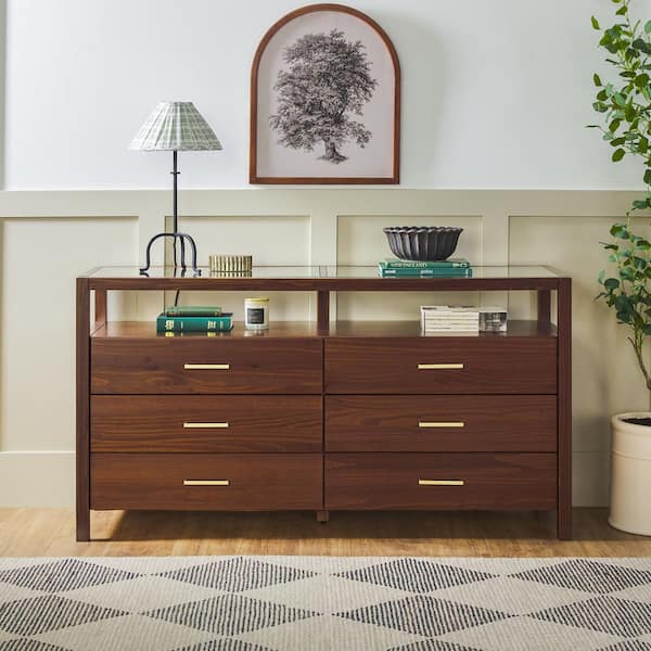 Isla Modern Walnut Solid Wood 6 Drawer 60 in. Dresser