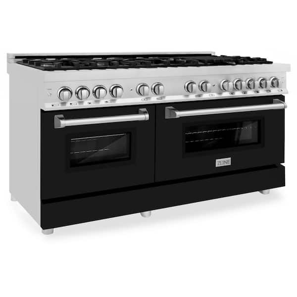 ZLINE Kitchen and Bath 60 in. 9 Burner Double Oven Dual Fuel Range with Black Matte Door in Stainless Steel