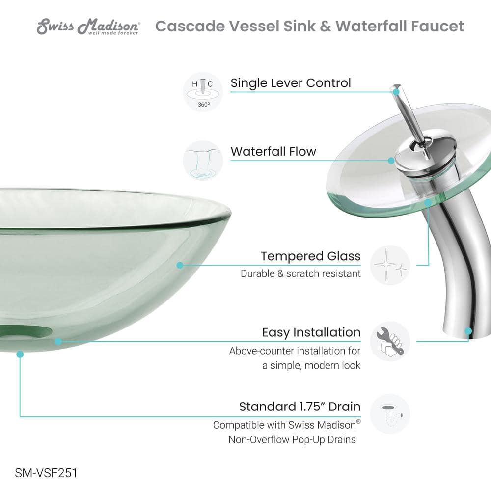 Cascade Clear Glass 16.5'' Vessel Sink with Waterfall Faucet