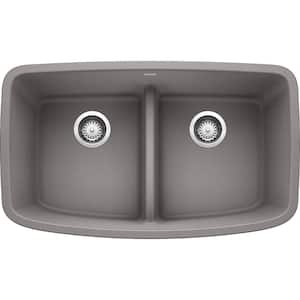 VALEA Undermount Granite Composite 32 in. 50/50 Double Bowl Kitchen Sink in Metallic Gray
