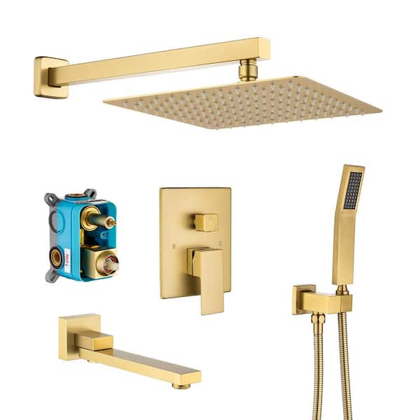 RAINLEX 1-Handle 1-Spray Square High Pressure Shower Faucet with Swivel Spout 10 in. Showerhead in Brushed Gold (Valve Included)