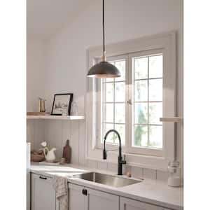 Fira 14 in. 1-Light Anvil Iron and Beech Vintage Shaded Kitchen Dome Pendant Hanging Light with Metal Shade