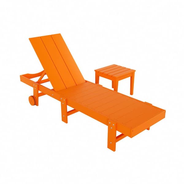 Shoreside 2-Piece Modern Plastic Outdoor Reclining Chaise Lounge With Wheels and Side Table in Orange