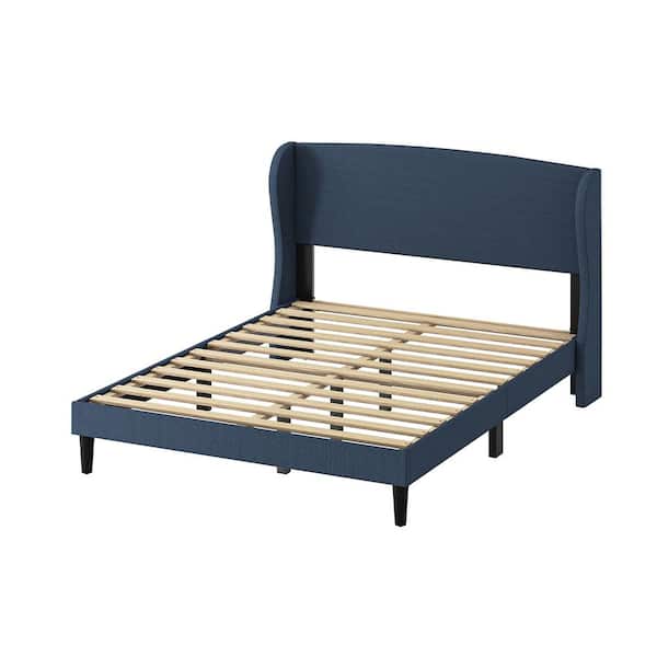 JAYDEN CREATION Eckhard Navy Upholstered Wingback Full Platform Bed with Tapered Legs