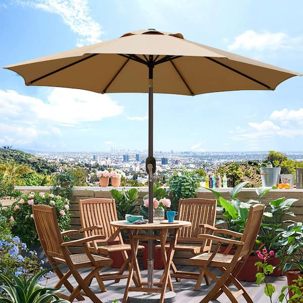 Primehome 9 ft. Outdoor Patio Umbrella Table Umbrella with Push Button Tilt, Market Umbrella 8-Sturdy in Tan (Not Include Base)