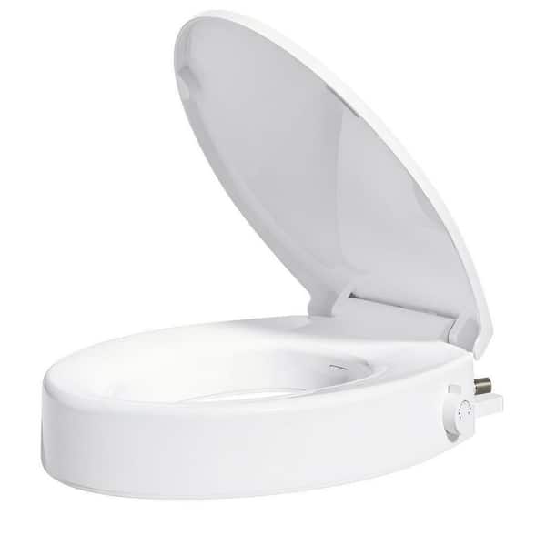 Raised Toilet Seat with Bidet, Elongated, Dual Nozzle, Adjustable Cold Water Pressure & Stainless Steel Inlet