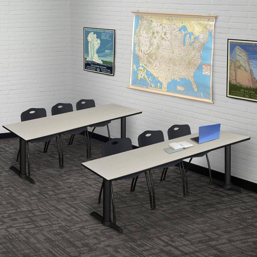 Cain 84 in x 24 in. Maple T-Base Training Seminar Table Desk and 3 M Stack Chairs-Black