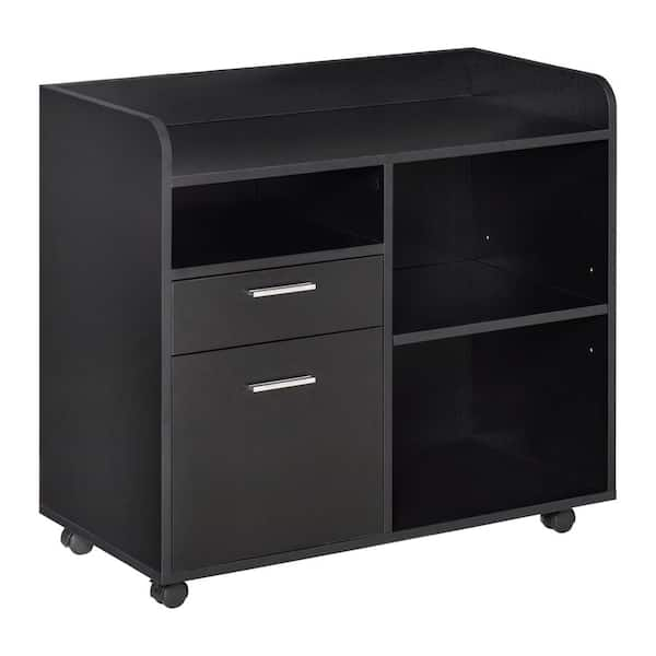 File Cabinet with Lock and Drawer, Mobile Lateral Filing Cabinet Printer Stand with Wheels and Storage Shelves, Black