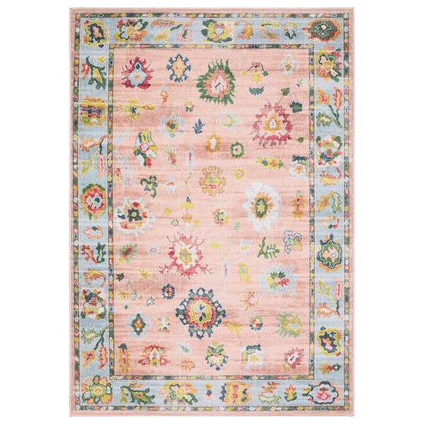 Atlantis Pink/Blue 4 ft. x 6 ft. Boho Oriental Distressed Polyester Machine Washable Indoor Area Rug