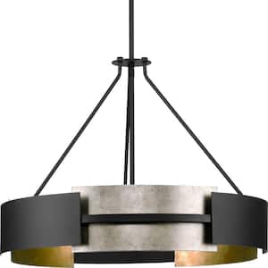 Lowery Collection 26 in. 5 -Light Matte Black Industrial Luxe Shaded Pendant with Aged Silver Leaf Accent