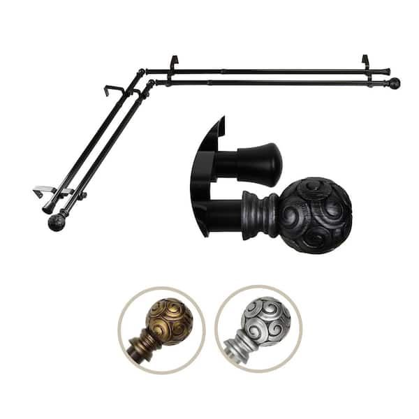Rod Desyne 13/16" Dia Adjustable 66" to 120" Double Corner Window Curtain Rod in Black with Bonbon Finials