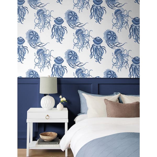 Blue Sapphire Jellyfish Vinyl Peel and Stick Wallpaper Roll (30.75 sq. ft.)