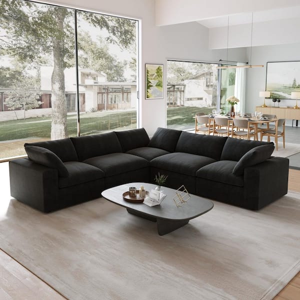 120 in. Square Arm Linen Deep Seat L Shaped 5-Piece Sectional Sofa in Black with Removable Covers for Living Room