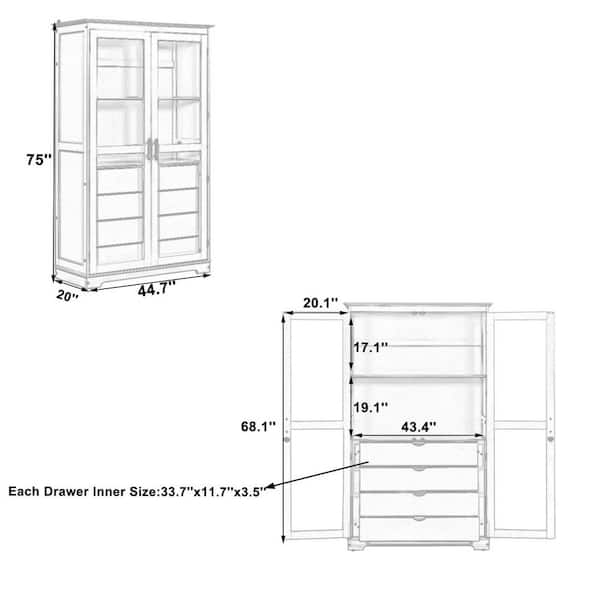 White 75 in. Accent Cabinet, Pantry Cabinet with Glass Doors and 4 Built-in Drawers