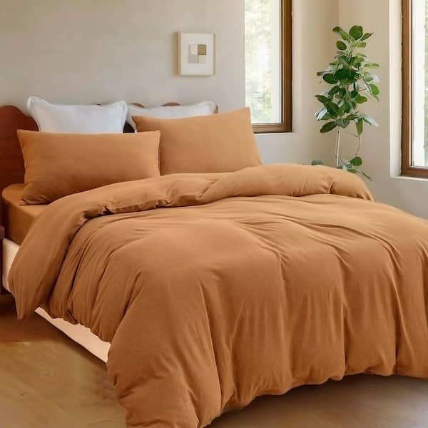 Comfy 3-Piece Orange Jersey Knit T-Shirt Cotton King Size Duvet Cover Set Breathable Zipper Closure 100% Cotton