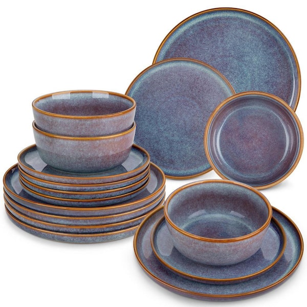 18-Piece Bluish Grey Stoneware Dinnerware Set (Service for 6) Dining Set with Dinner Plates Dessert Plates Cereal Bowls