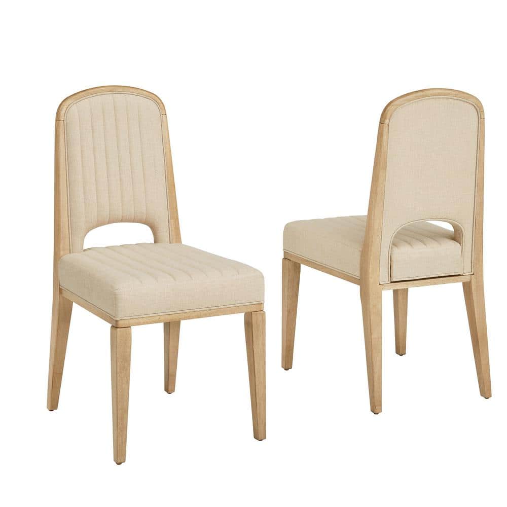 Oak Wood Finish Cream Fabric Channel Stitching Dining Chair (Set of 2)