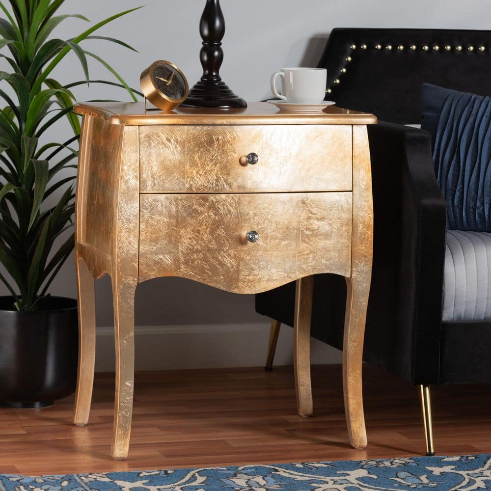 Gold Finished Wood 2-Drawer Nightstand with Faux Crystal Knobs