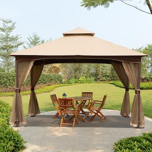 10 ft. x 13 ft. Champagne Waterproof Double-Roof Canopy Outdoor Garden Metal Frame Gazebo with Mosquito Netting