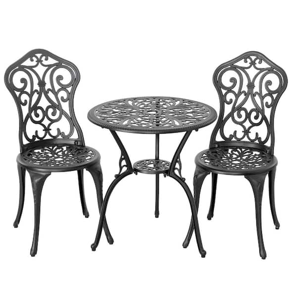 Black 3-Piece Cast Aluminum Round Outdoor Bistro Set with Umbrella Hole